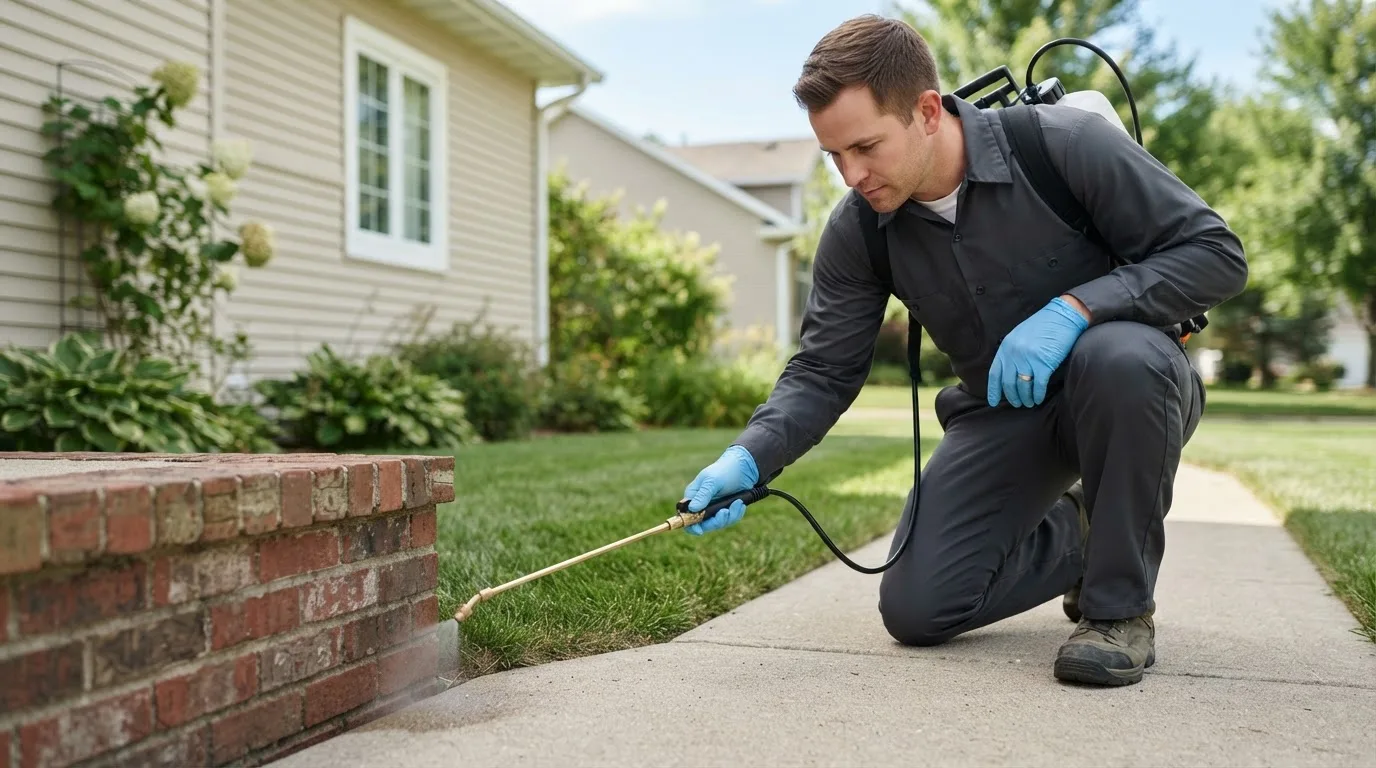 Pest control technician treating a home near Sherburne, NY