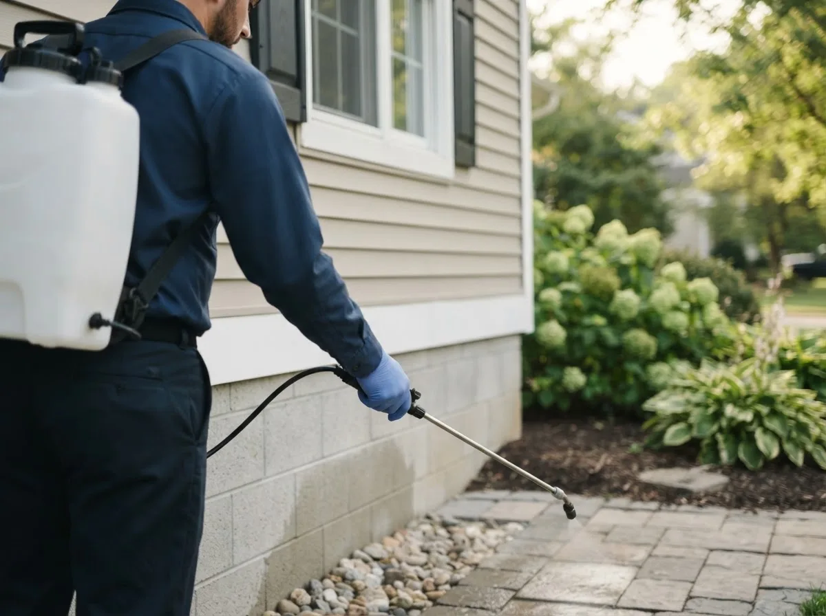 Pest control technician inspecting a home in Sherburne, NY